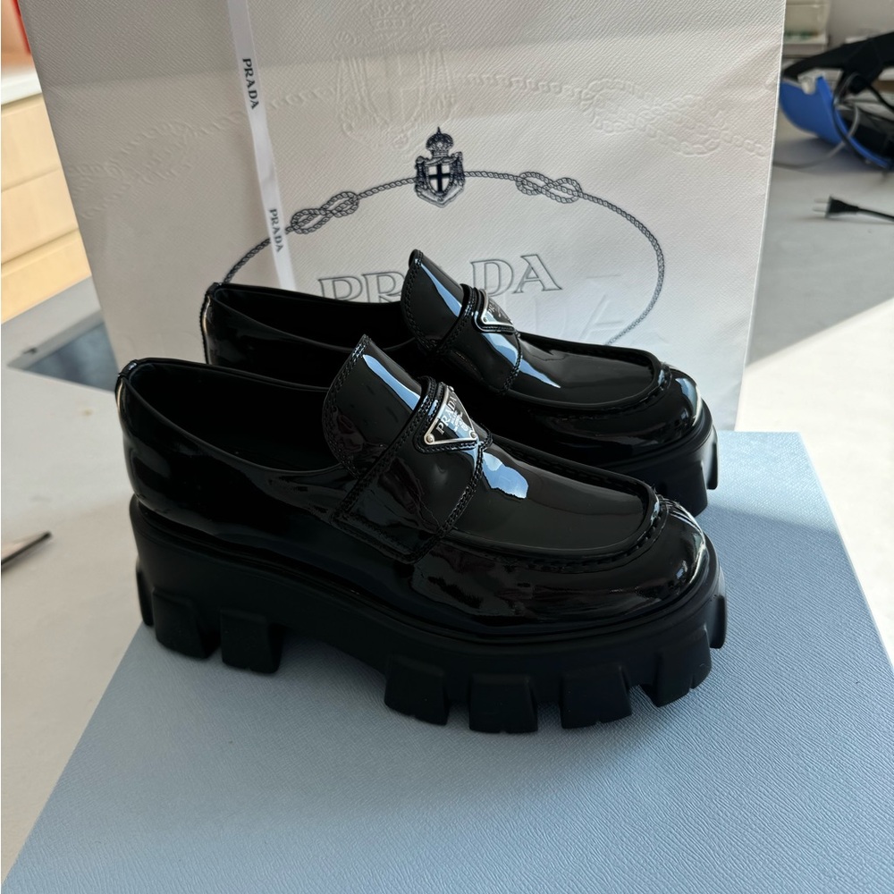 Prada Black Patent Leather Platform Loafers with Chunky Lug Sole